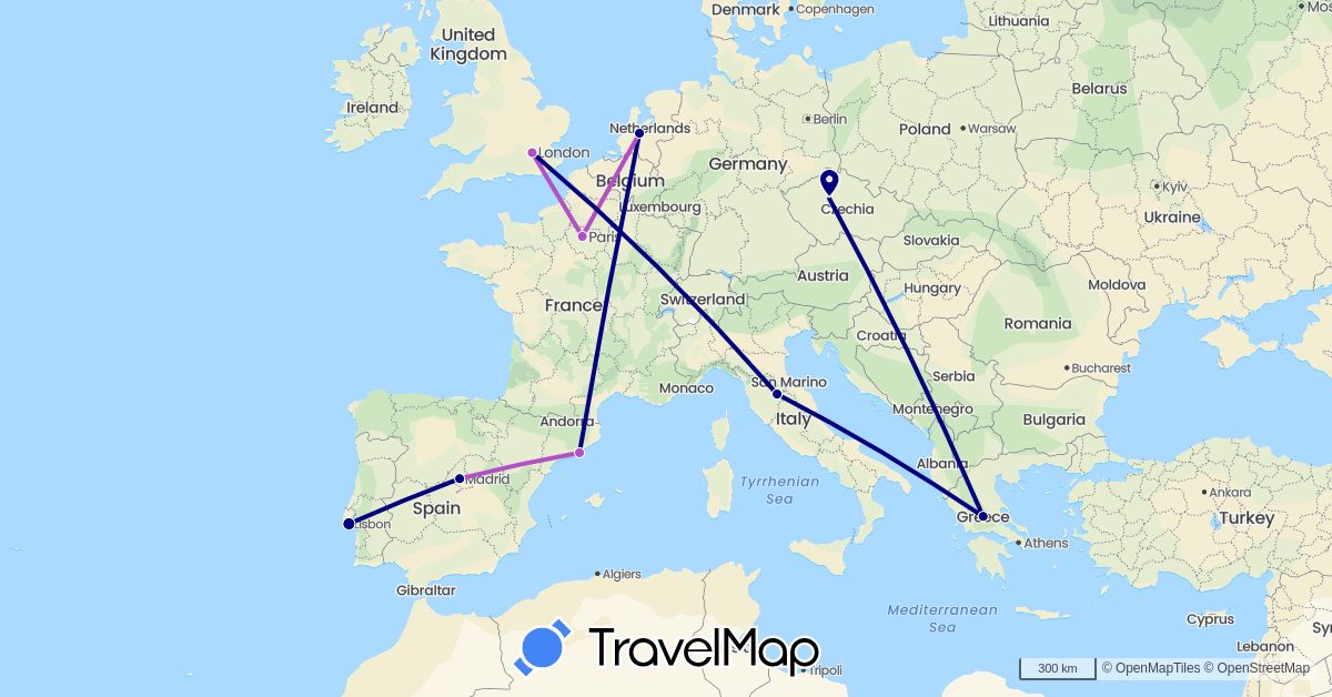 TravelMap itinerary: driving, train in Czech Republic, Spain, France, United Kingdom, Greece, Italy, Netherlands, Portugal (Europe)